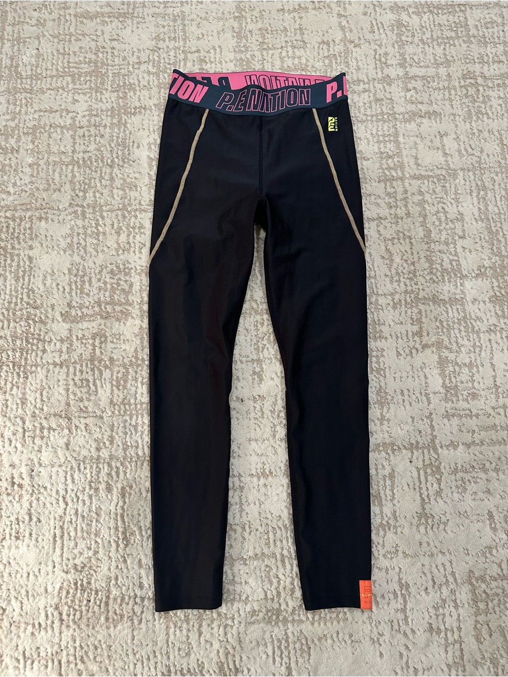 P.E Nation Black Leggings | Pink Logo Waistband | High Rise Activewear | Size M